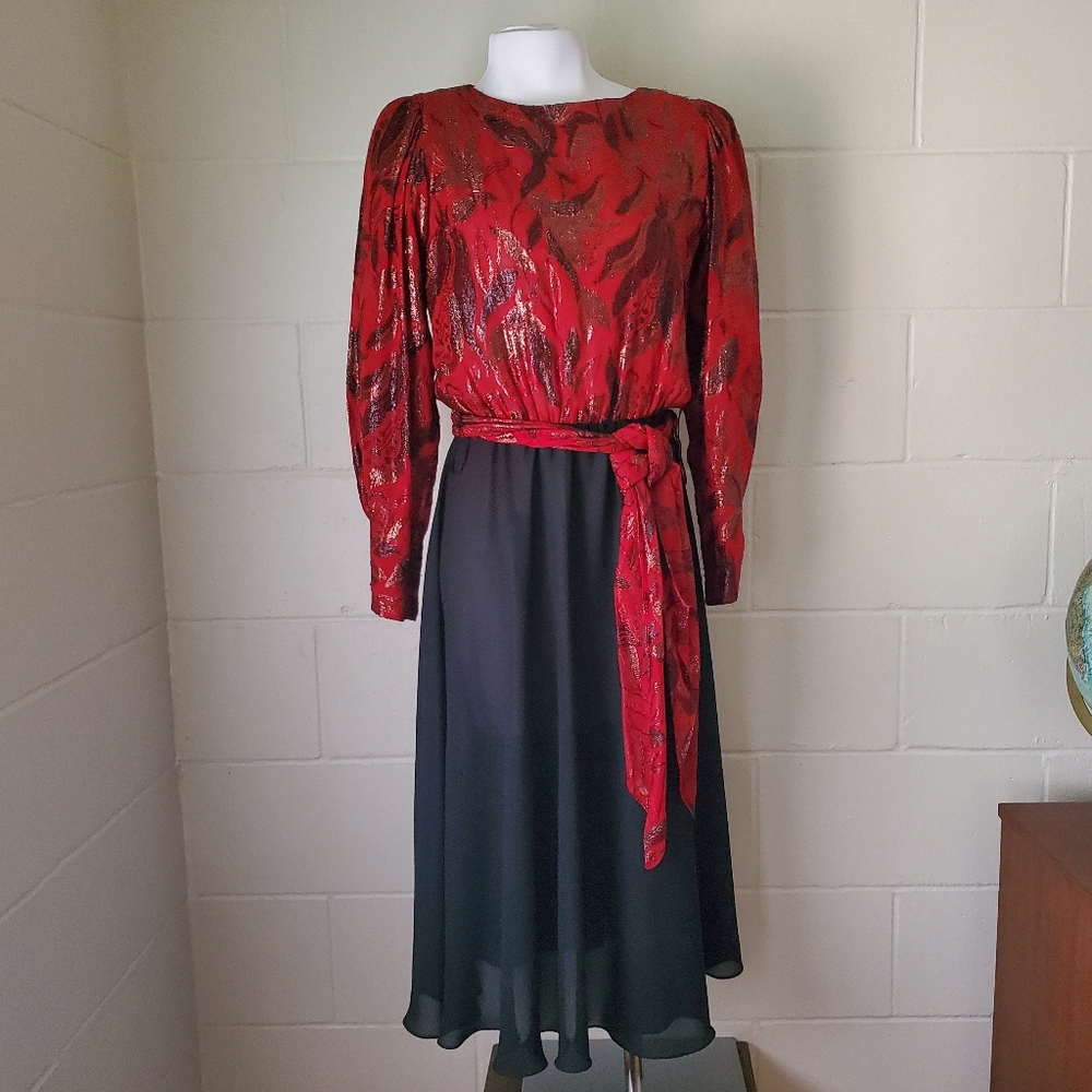 Vintage 80s 90s Ursula of Switzerland Red Black Metallic Dress Size 7/8